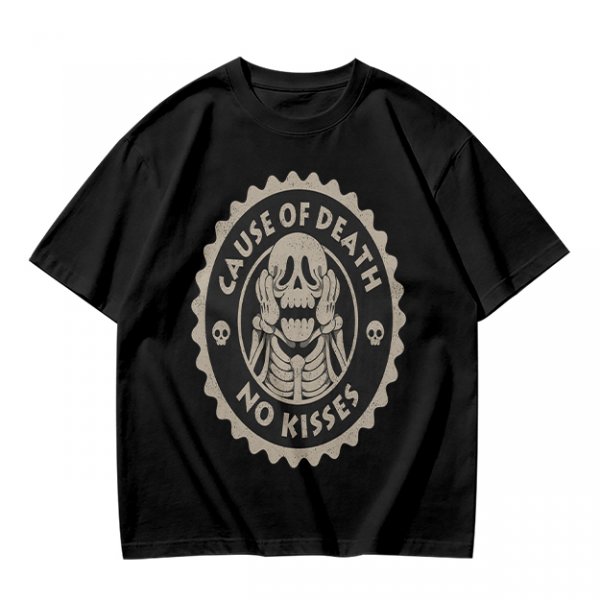 Olive T-shirt with 'Cause of Death No Kisses' Skeleton Graphic