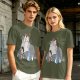 Olive T-shirt with whimsical forest spirit and children graphic print