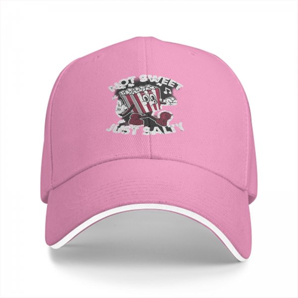Black baseball cap with 'Not Sweet Just Salty' dancing popcorn graphic
