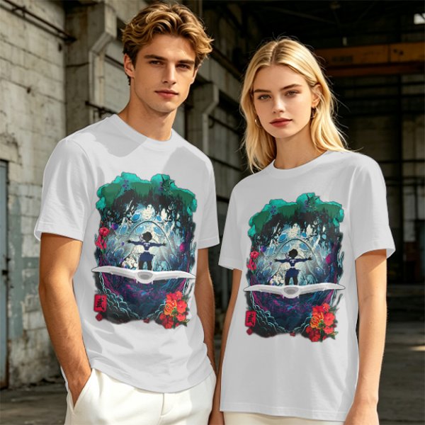 Olive T-shirt with fantasy forest glider rider graphic print