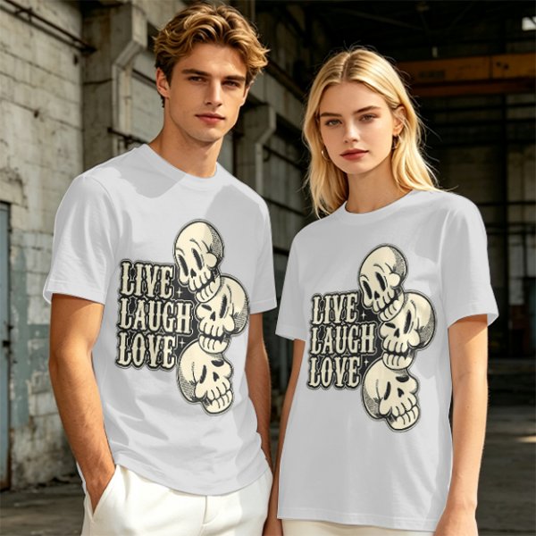 Olive Graphic T-Shirt with Live Laugh Love and Stacked Skulls