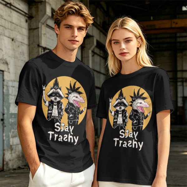 Olive graphic tee with punk raccoon and opossum 'Stay Trashy' print