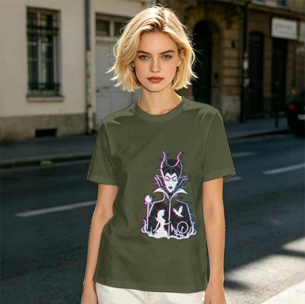 Olive T-shirt with Maleficent Glitch Art Print