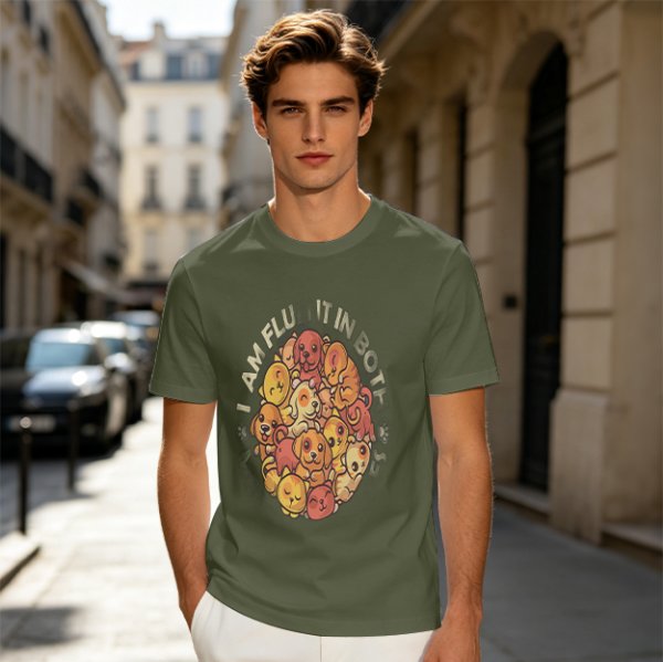 Olive t-shirt with cute puppy pile graphic and playful text