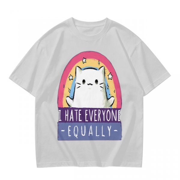 Olive graphic t-shirt with a white cat and 'I hate everyone equally' print