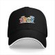 Black baseball cap with cute punctuation characters and speech bubbles