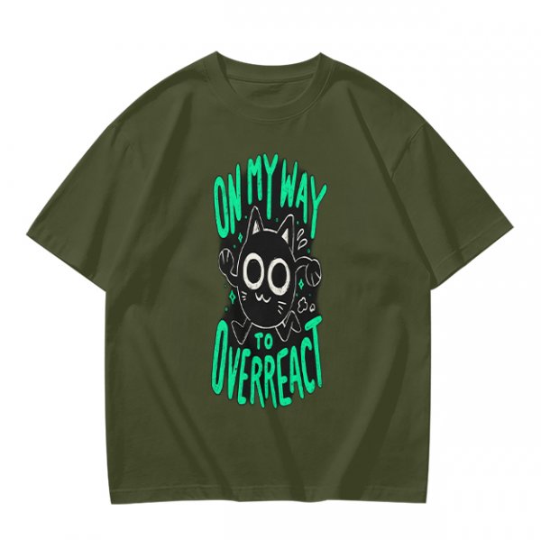 Oversized Olive T-Shirt With 'On My Way To Overreact' Cat Graphic