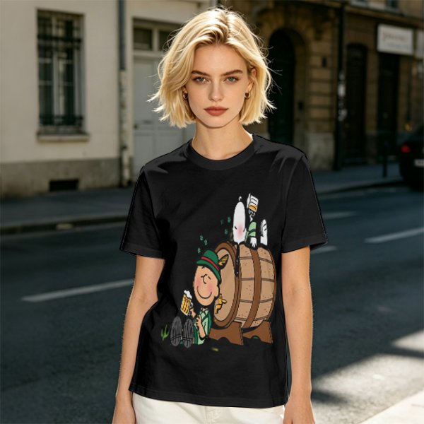Olive T-Shirt with Charlie Brown and Snoopy at Oktoberfest Beer Barrel