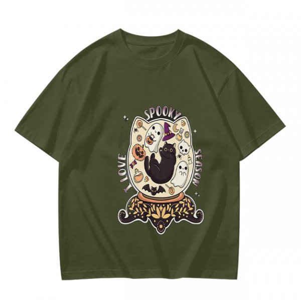 I Love Spooky Season Halloween Cat Ghost Graphic T-Shirt