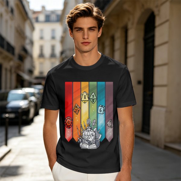 Dungeons and Dragons Polyhedral Dice Rainbow Graphic T-Shirt