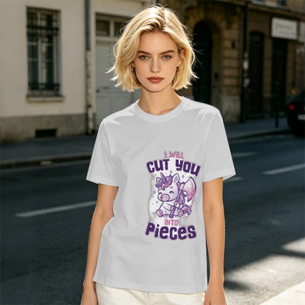 Olive t-shirt with a cute unicorn holding an axe and the text I will cut you into pieces