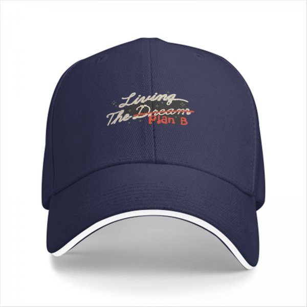 Black baseball cap with 'Living The Dream Plan B' graphic print