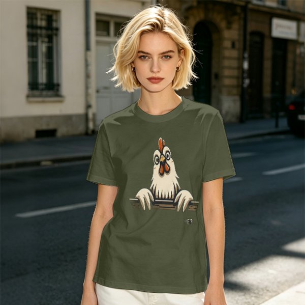 Olive T-Shirt With Surprised Peeking Chicken Graphic And Me? Text