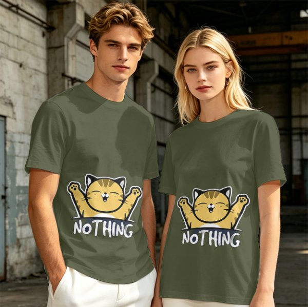 Olive T-Shirt with Happy Raised Paw Cat and 'NOTHING' Print