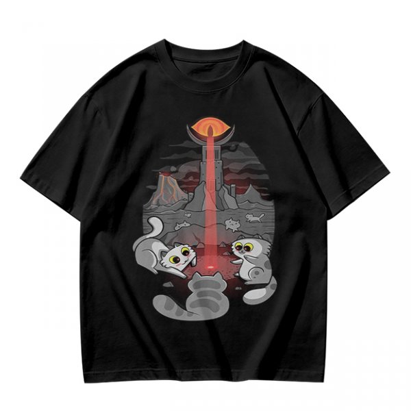 Olive T-shirt with Cat Sauron Tower Fantasy Art Print