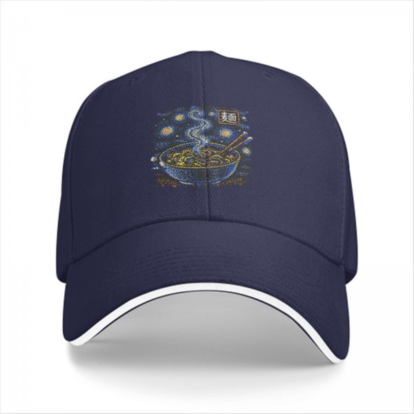 Black baseball cap with starry night ramen bowl graphic
