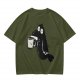 Olive Green T-Shirt With Cartoon Crow Holding Coffee Mug Print