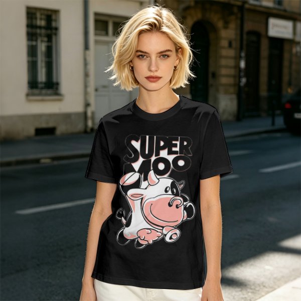Olive green t-shirt with 'SUPER MOO' and cartoon cow graphic