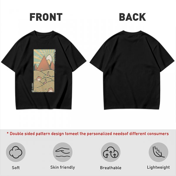 Olive T-Shirt With Retro Mountain And Ramen Noodle Landscape Print