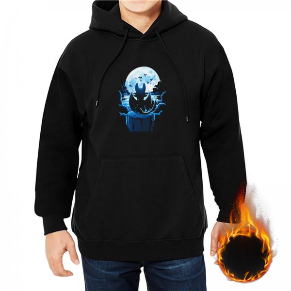Black hoodie with night dragon silhouette against full moon graphic