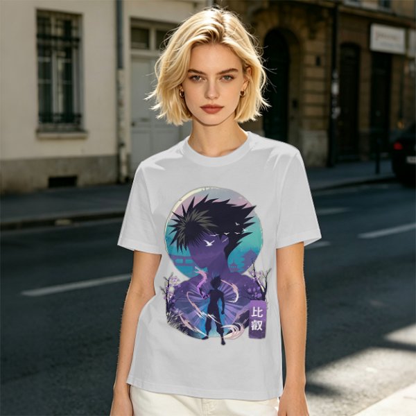 Anime character silhouette graphic tee with stylized purple and blue art