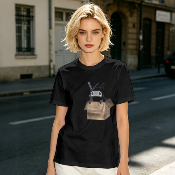 Olive Green T-Shirt With Ninja Cat In Cardboard Box Graphic