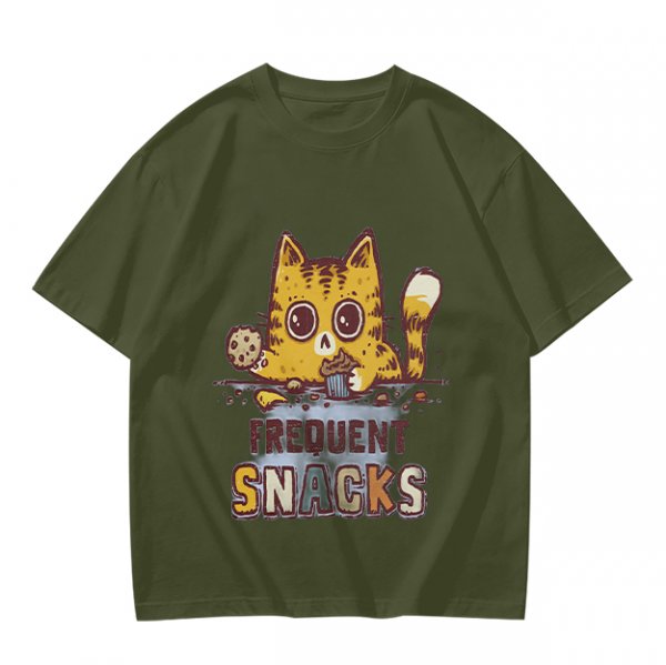 Olive T-Shirt With Cat Eating Snacks Frequent Snacks Print