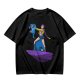 Olive T-shirt with Art Print of Girl Holding Blue Creature on Floating Rock