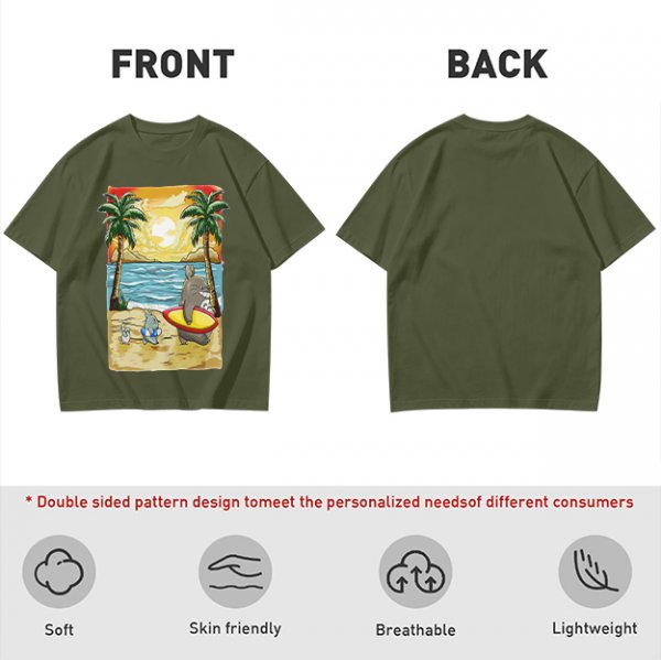 Olive T-Shirt with Beach Scene Print Featuring Totoro and Friends