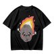 Olive green t-shirt with cute cartoon flaming asteroid graphic