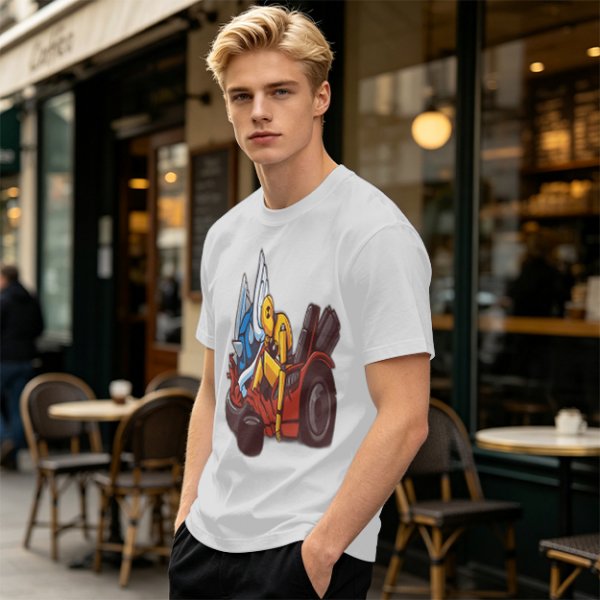 Olive T-Shirt With Cartoon Robot And Winged Vehicle Graphic
