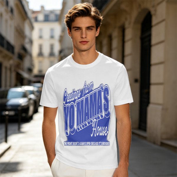 Olive t-shirt with funny yo mama's house greeting print