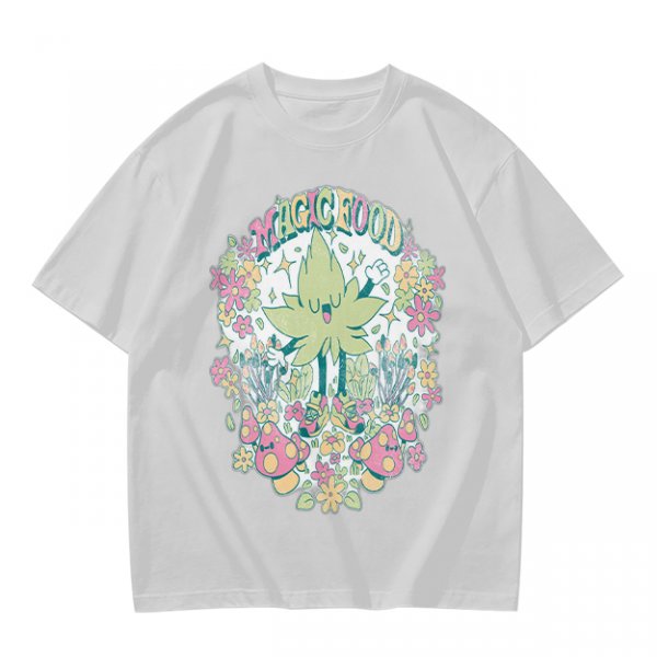 Olive Green Graphic T-Shirt With Whimsical Plant Creature And Floral Print