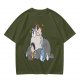 Olive T-shirt with whimsical forest spirit and children graphic print