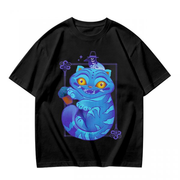 Olive T-Shirt With Cheshire Cat And Crow Graphic Print