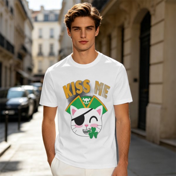 Kiss Me Pirate Cat Shamrock Graphic T-Shirt