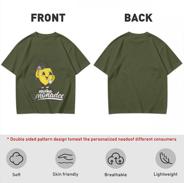 Olive green t-shirt with cheerful lemon mascot graphic and make lemonades text