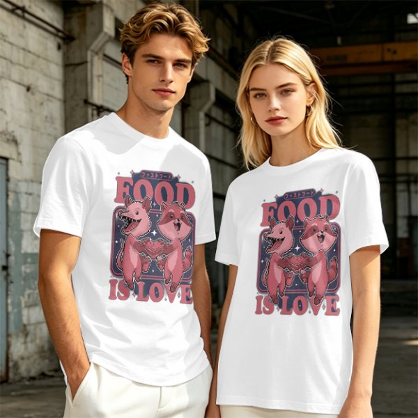 Olive graphic t-shirt with food is love and cartoon animal design