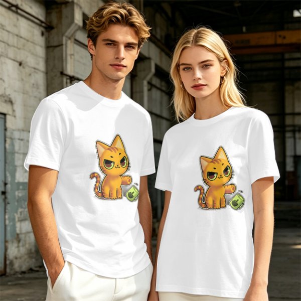 Olive T-shirt with mischievous orange cat knocking over green cup print
