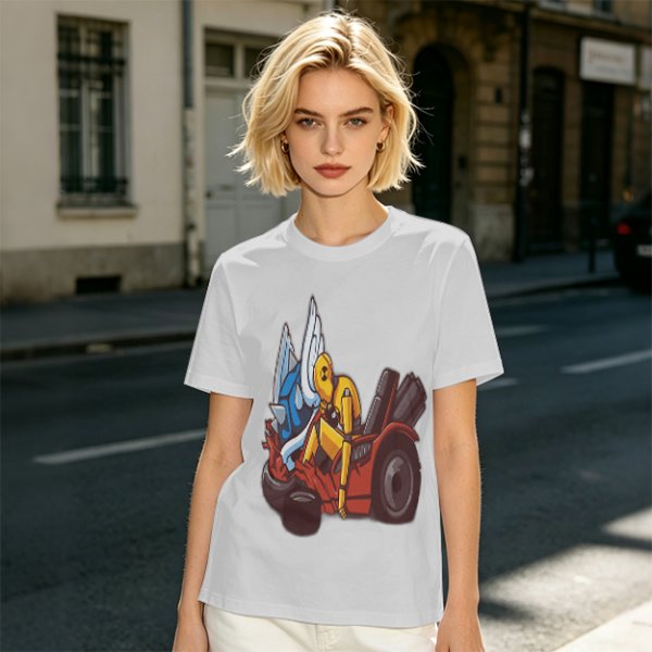 Olive T-Shirt With Cartoon Robot And Winged Vehicle Graphic