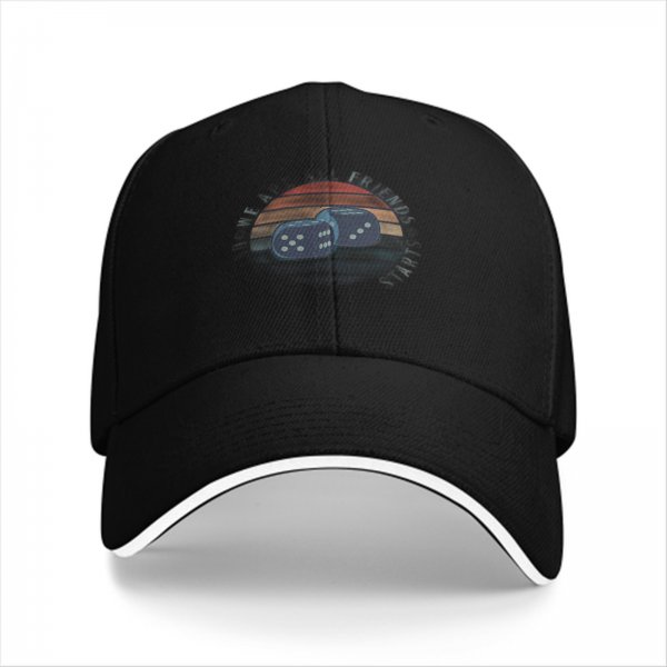 Black baseball cap with retro sunset and dice graphic