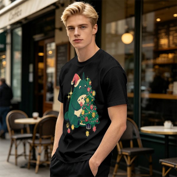 Olive Green T-Shirt With Christmas Totoro Decorating Tree Print