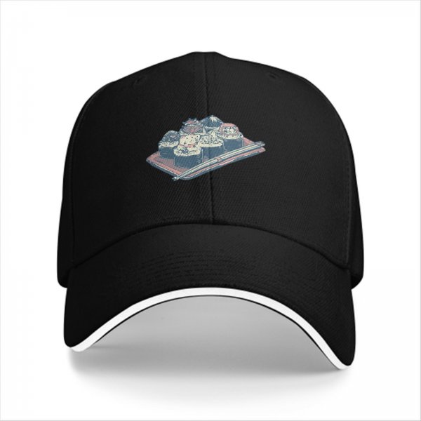 Black Baseball Cap with Sushi Tray Graphic Print
