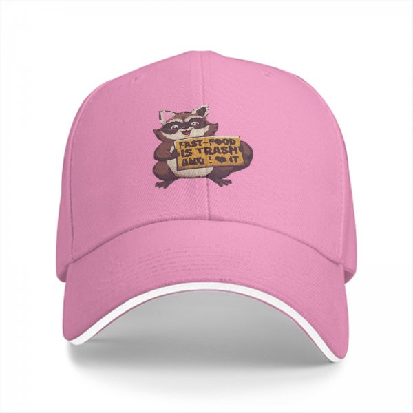 Black baseball cap with raccoon holding fast food trash sign