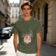 Olive graphic t-shirt with funny cat and 'keeps the a-sad away' text