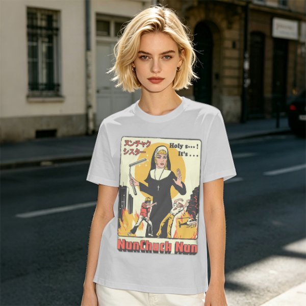 Olive T-shirt with Nunchuck Nun Action Graphic Print