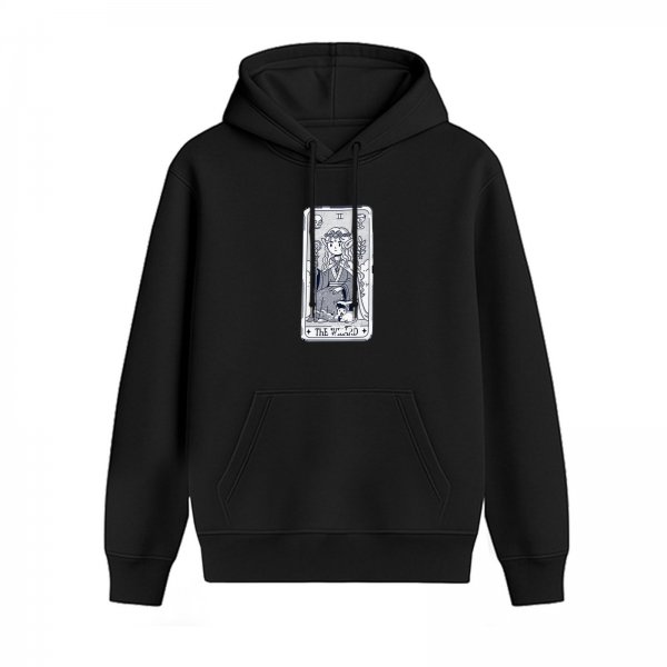 Black hoodie with tarot card style graphic print