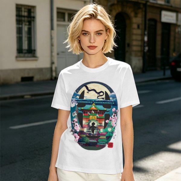 Spirited Away Bathhouse Graphic Tee with No Face and Dragon Art