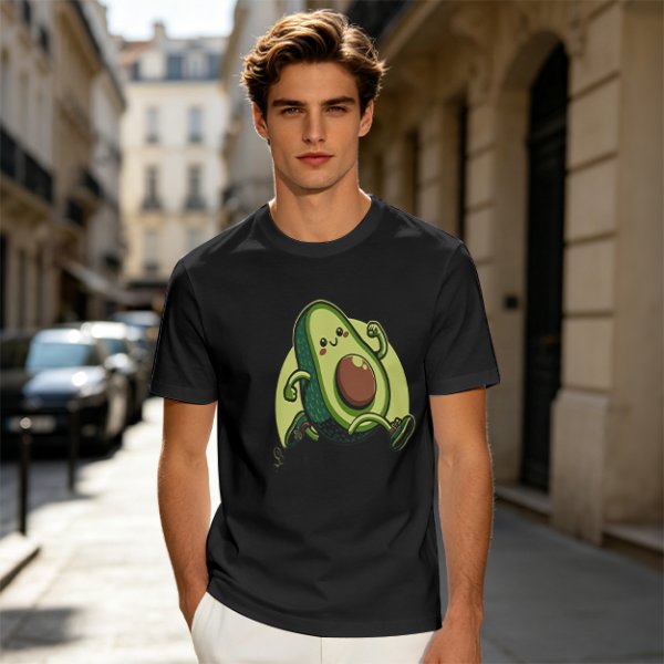 Olive Green T-Shirt with Cute Running Avocado Graphic