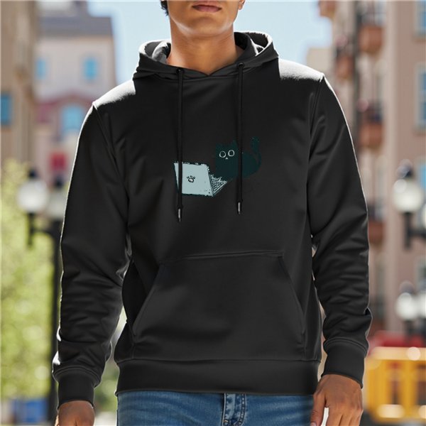 Black Hoodie with Cute Cat Using Laptop Graphic